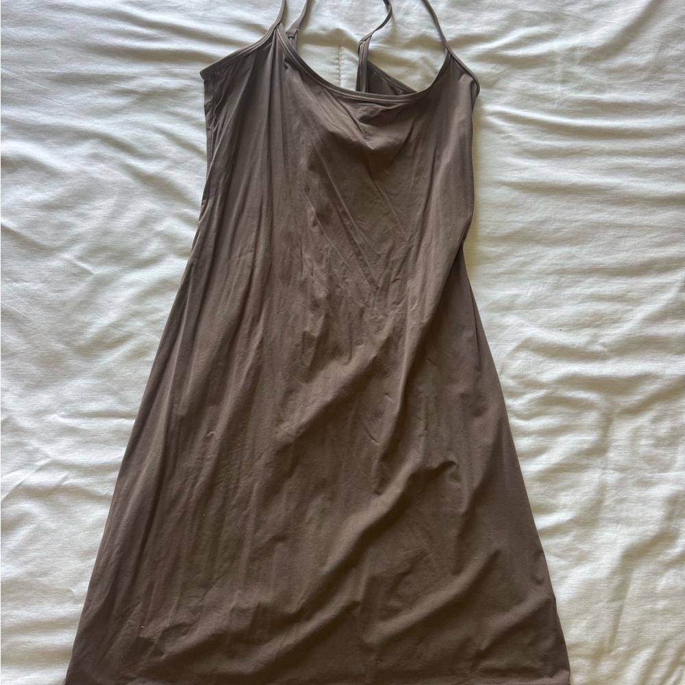 SKIMS Brown Midi Slip Dress with Spaghetti Straps